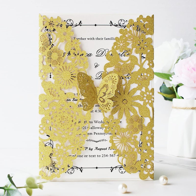 Hosmsua 5.12 x 7.3'' 50PCS Gold Laser Cut Lace Flora Wedding Invitation Cards with Butterfly and Envelopes for Bridal Shower Engagement QuinceaÃ±era Wedding invite (Gold Glitter) - Image 4